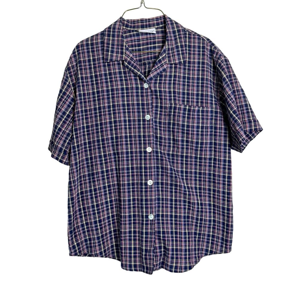 Jantzen VINTAGE Blue Purple short sleeve plaid button up casual blouse‎ LARGE